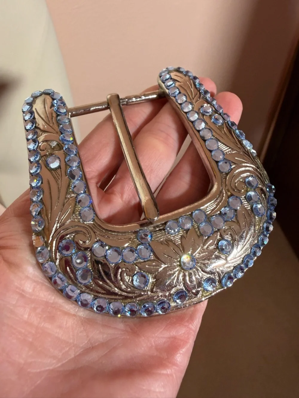 B.B. Simon Blue crystal Etched Silver Metal Oversized Western Belt Buckle